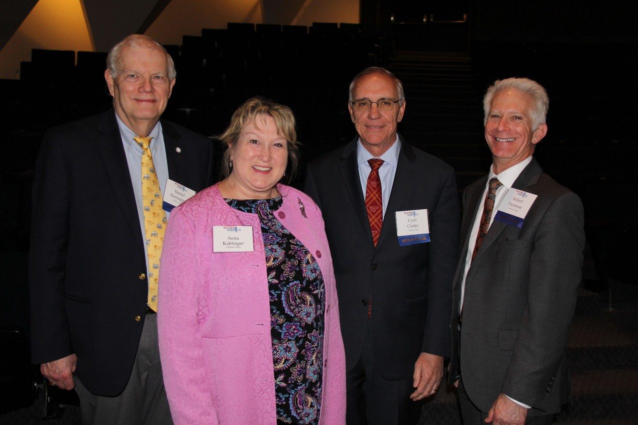 Dan Harrington, Anita Kablinger, and Robert Trestman of Carilion Clinic and the VTC School of Medicine with Virginia Tech  Executive Vice President and Provost Cyril Clarke (second from right). Photo by John Pastor/Virginia Tech