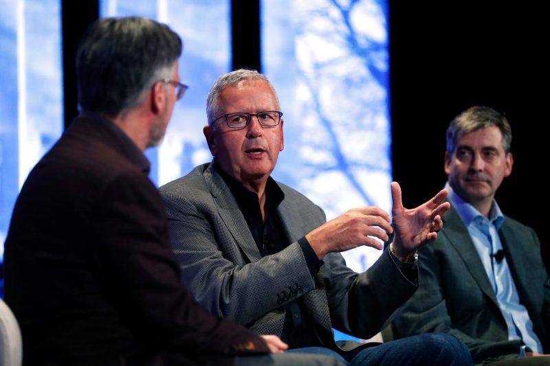 Joe DeSimone, co-founder of Carbon and a Virginia Tech alumnus, spoke during a Boundless Impact campaign event last fall at Fox Theatre in Redwood City, California. At left is Virginia Tech President Tim Sands. At right is Tom Taylor, an alumnus and senior vice president of Amazon Alexa.
