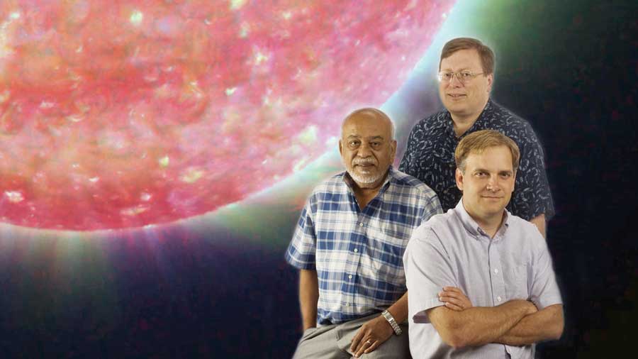 Virginia Tech physics faculty members Raju Raghavan, Bruce Vogelaar, and Jonathan Link are studying neutrinos to learn about the sun and the beginnings of the universe.