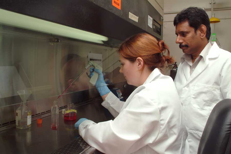 Subbiah (right) works with a student in his lab.