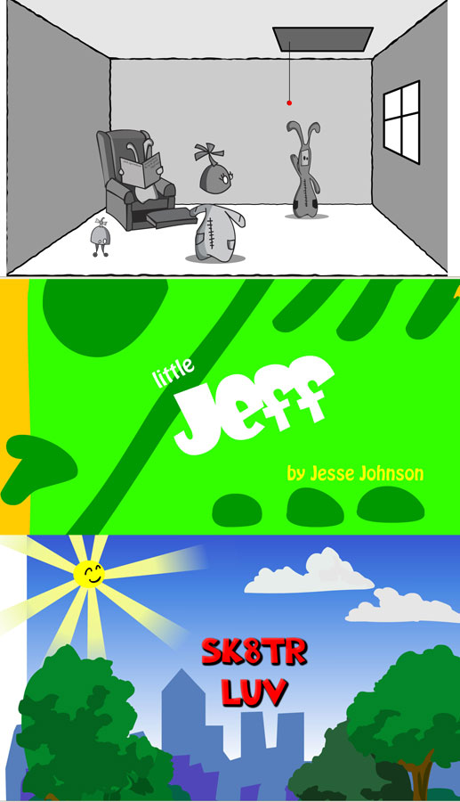 (Top to bottom) Sorrentino's <em>Falling awake</em> animation, Johnson's <em>Little Jeff</em> animation, and Li's <em>Sk8tr Luv</em> animation.