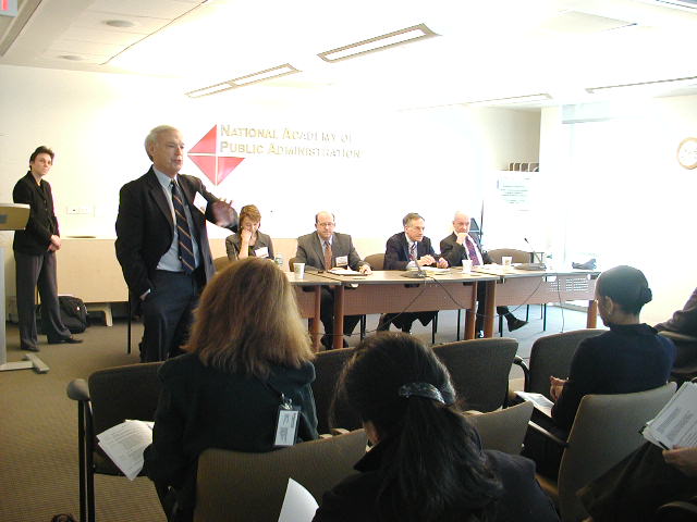 Two panels of  distinguished scholars and practitioners in public administration participated in a symposium organized by the Virginia Tech Center for Public Administration and Policy (CPAP) to focus on the significant administrative challenges posed by the current financial crisis. Anne Khademian, (far left), associate chair, CPAP, served as facilitator for both panels.