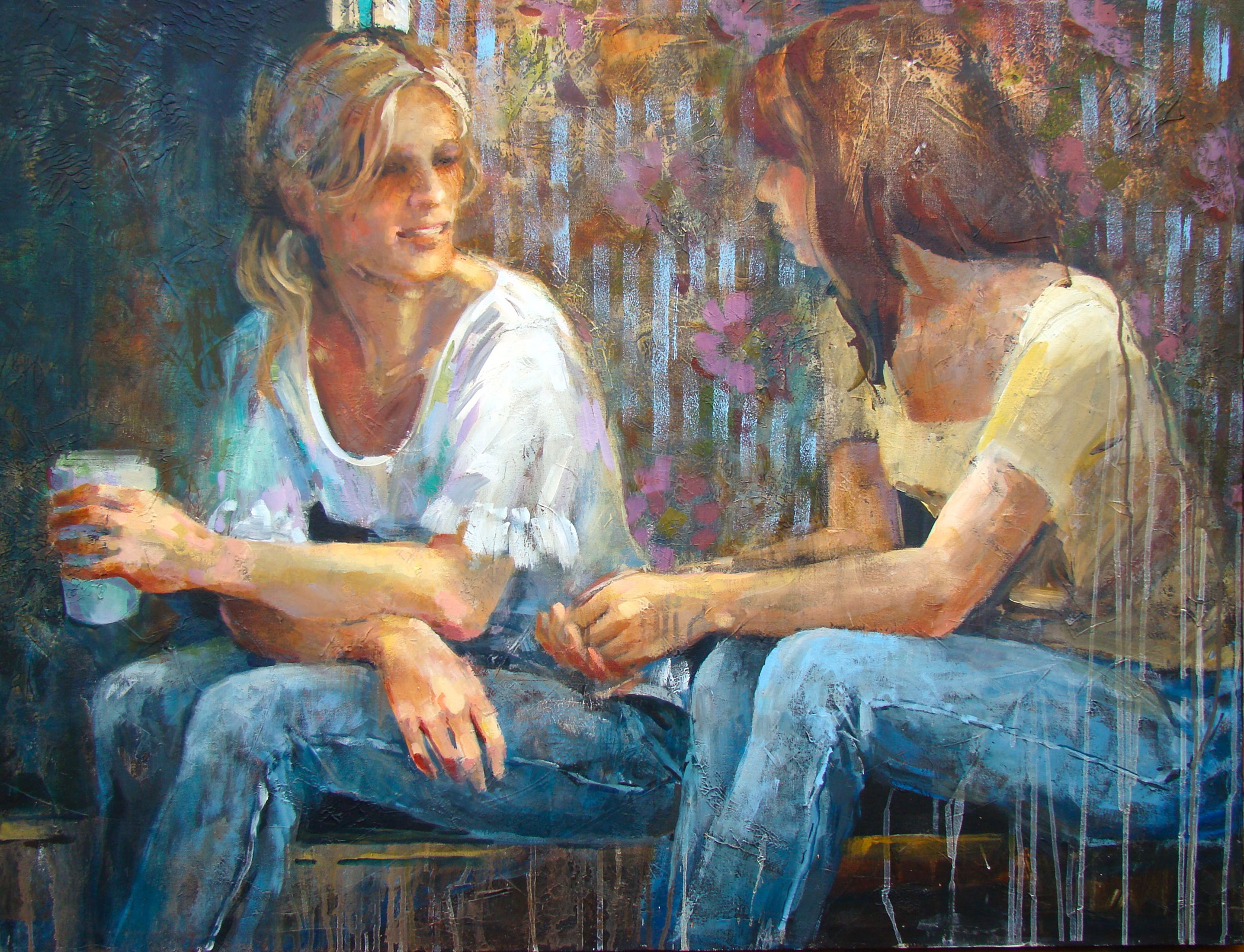 “Confiding Over Coffee” is the work of Vera Dickerson, featured artist and juror for Whispering Muses: Inspired by Women Artists. 