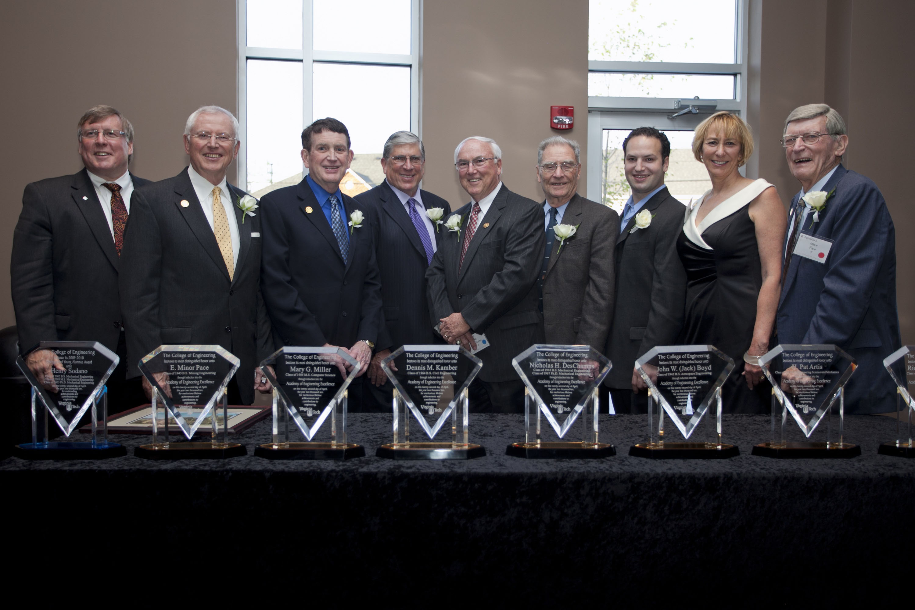 Pictured are the new members of the Academy of Engineering Excellence at Virginia Tech. From left to right, are:  Richard Benson, dean of Virginia Tech's College of Engineering, who presented the awards; Richard Arnold of Blacksburg, Va.; H. Pat Artis of Pogosa Springs, Colo.; Dennis M. Kamber of Poolesville, Md.; Nicholas DesChamps of Fincastle, Va., and Las Vegas, Nev.; John W. Boyd of Saratoga, Cal.; Henry Sodano (named the 2010 Outstanding Young Alumnus at the same event and not a member of the 
