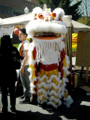 A colorful Chinese dragon costume on display at the street fair.