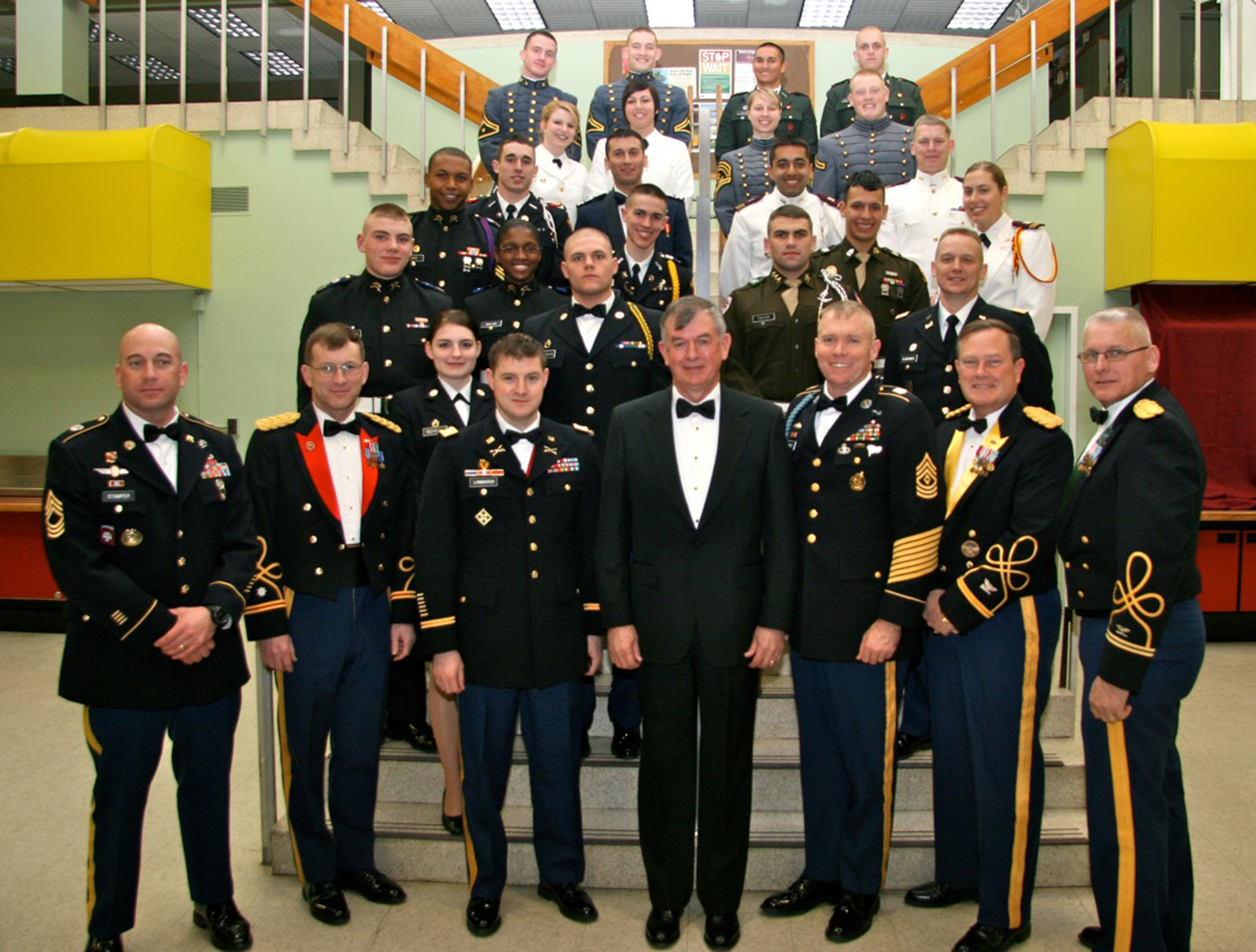 Cadets and visiting attendees of the Virginia Tech Corps of Cadets 2010 Leadership Conference are seen following the Senior Banquet