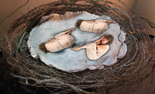 rendering of three women asleep in a birds nest