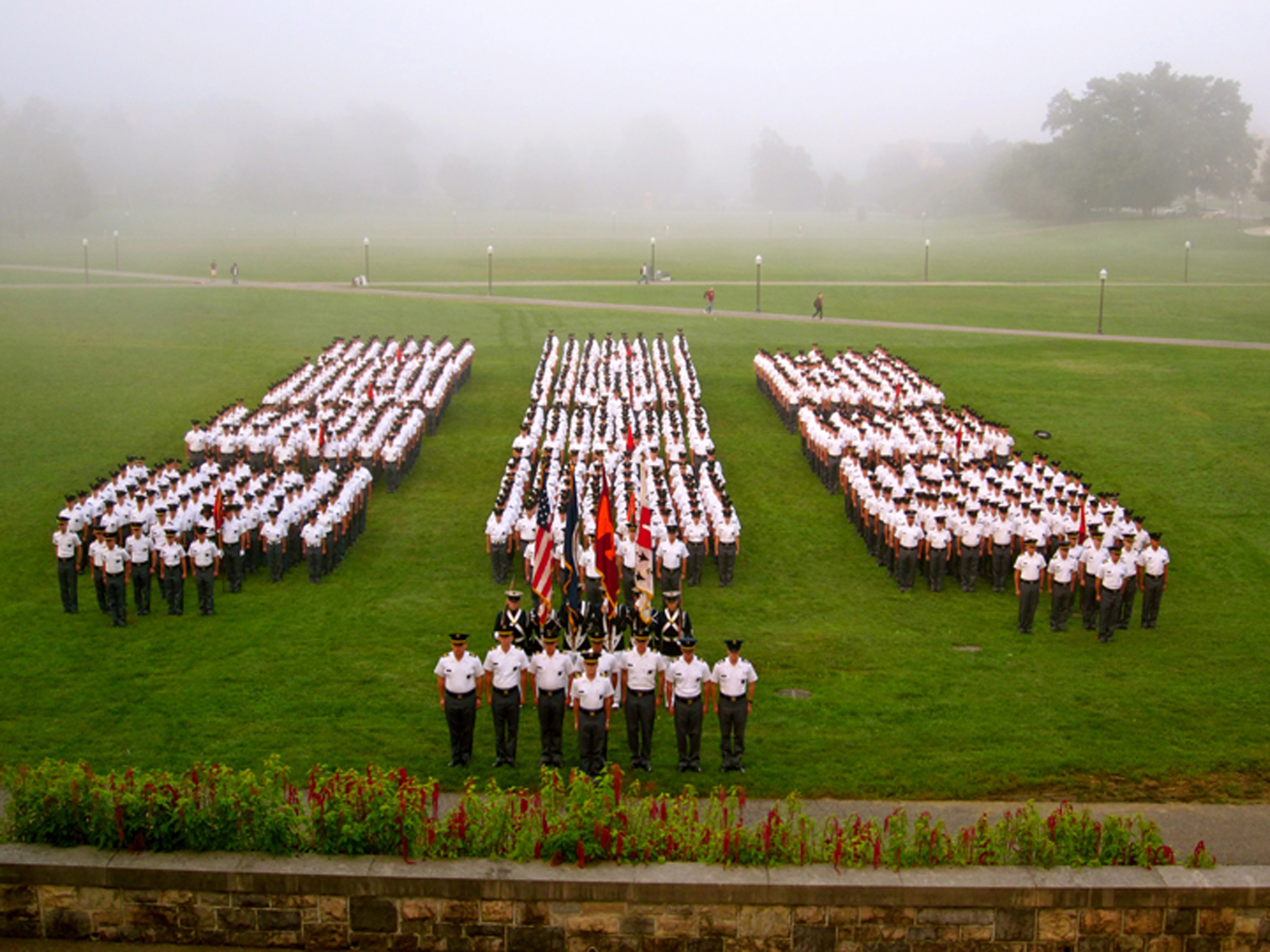 The Virginia Tech Corps of Cadets formed in front of the War Memorial Chapel in the fall of 2010