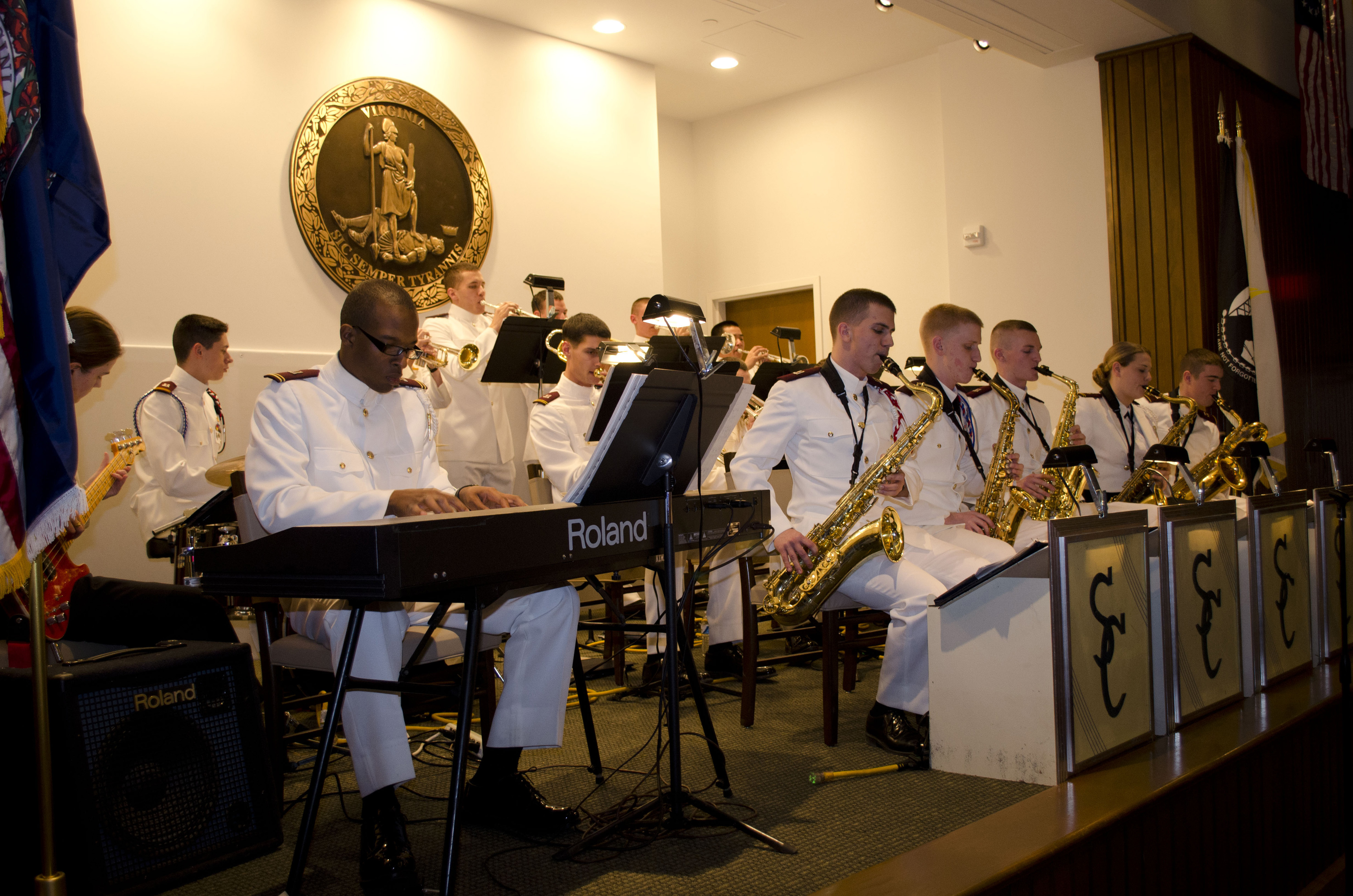 The Southern Colonels, the Virginia Tech Corps of Cadets jazz ensemble, seen performing at a recent event.