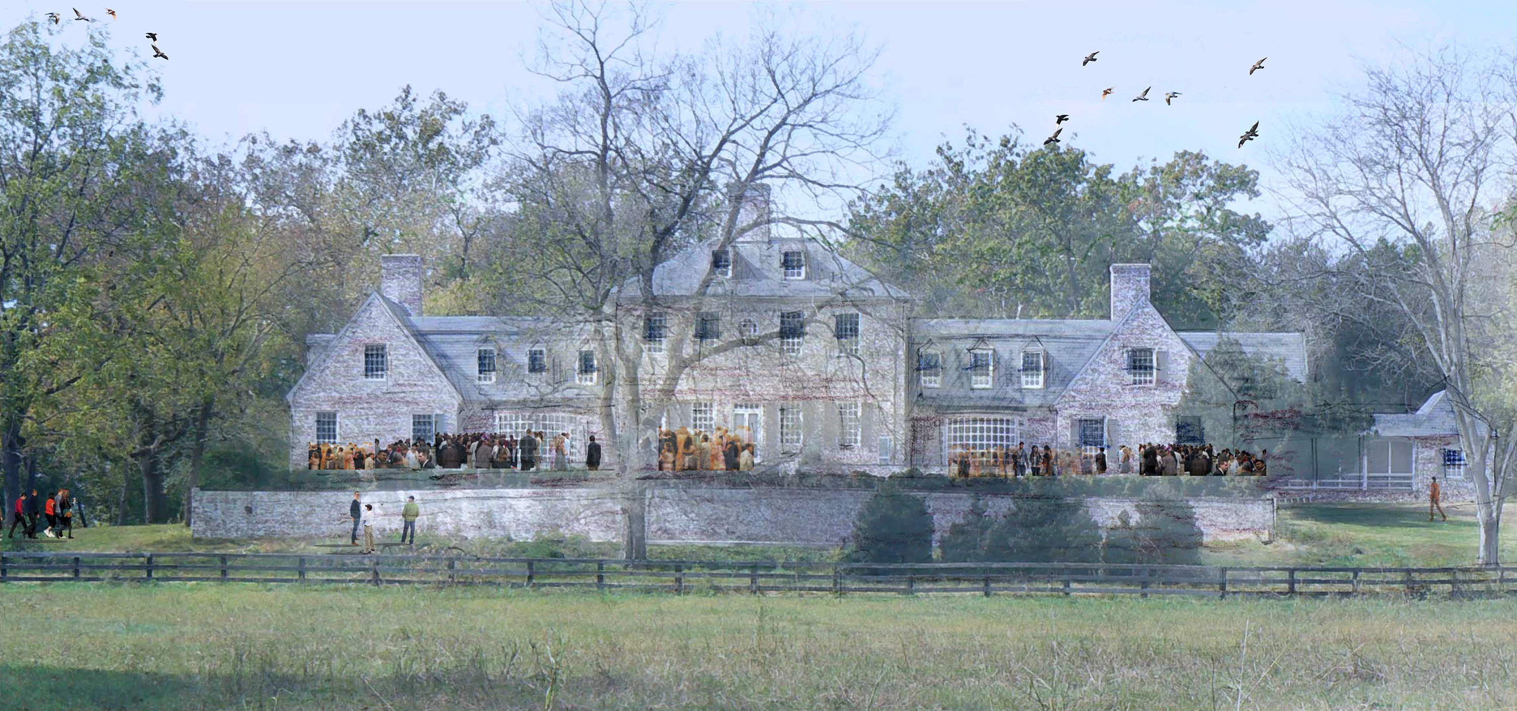 A digital rendering of a large manor home with people standing on the terrace.