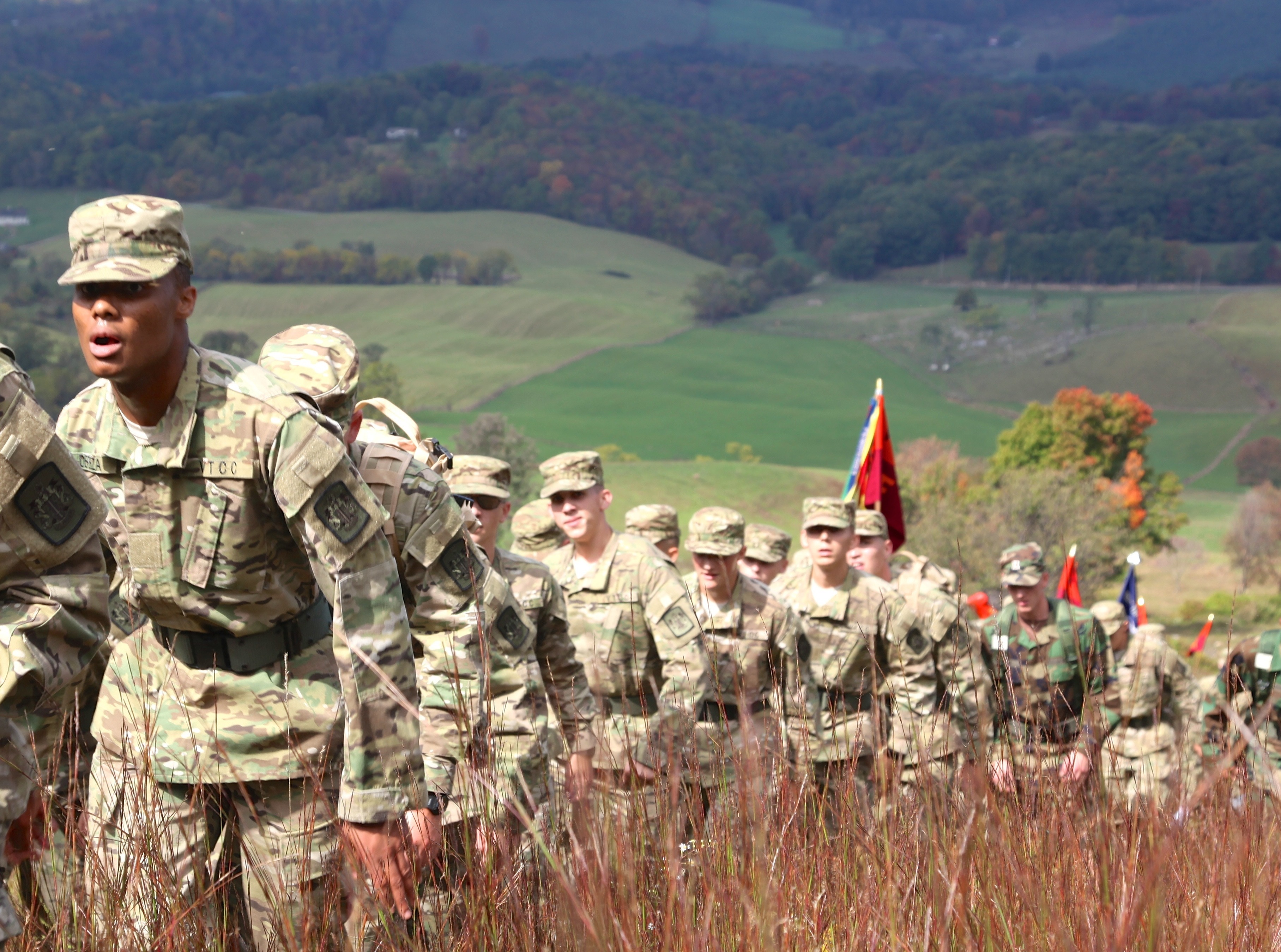 Cadets in formation climb Sinking Creek Mountain on the fall leg of the Caldwell March.