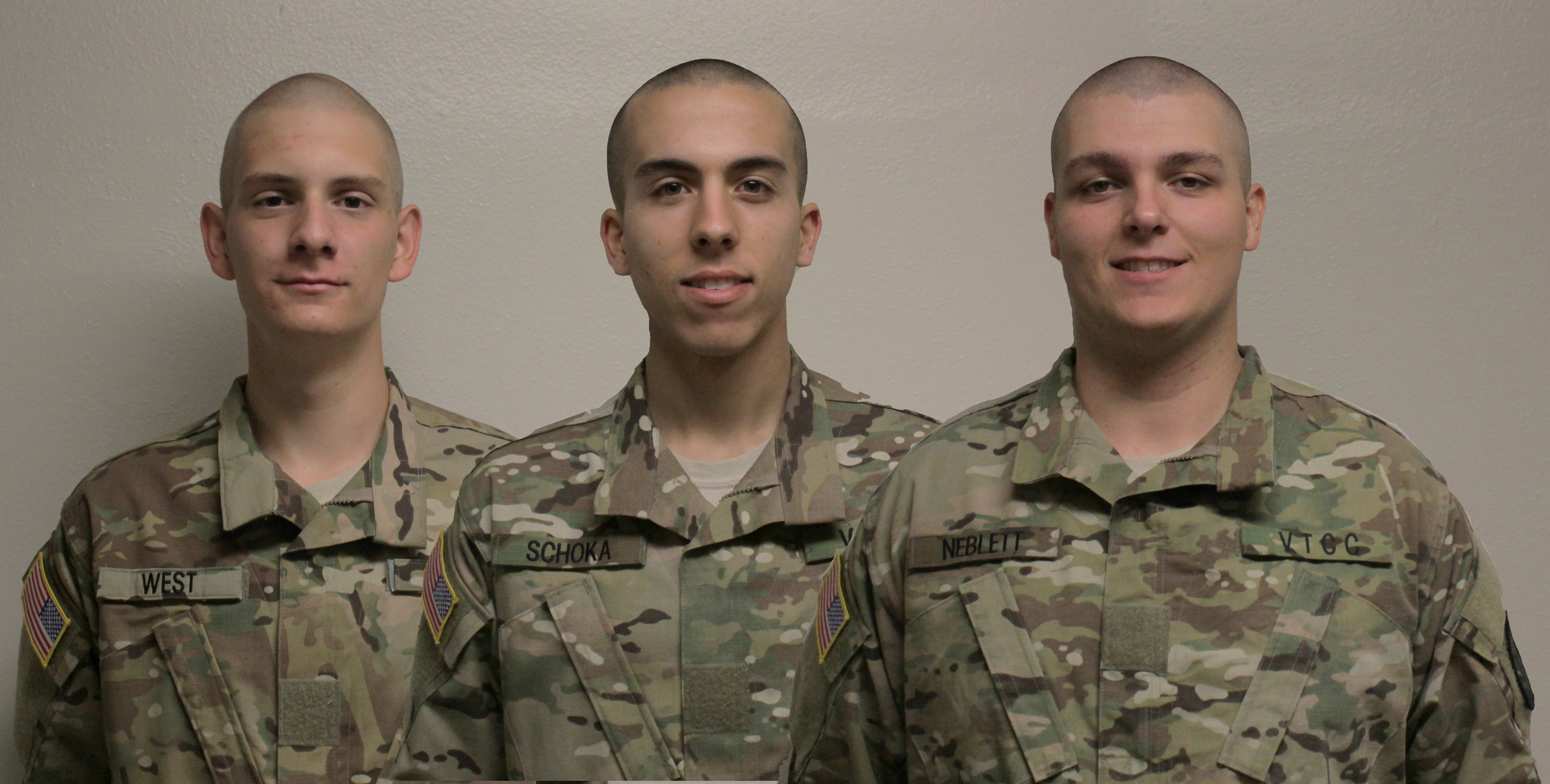 From left to right are Cadets Jonah West, Michael Schoka, and Alexander Neblett in their utility uniforms.