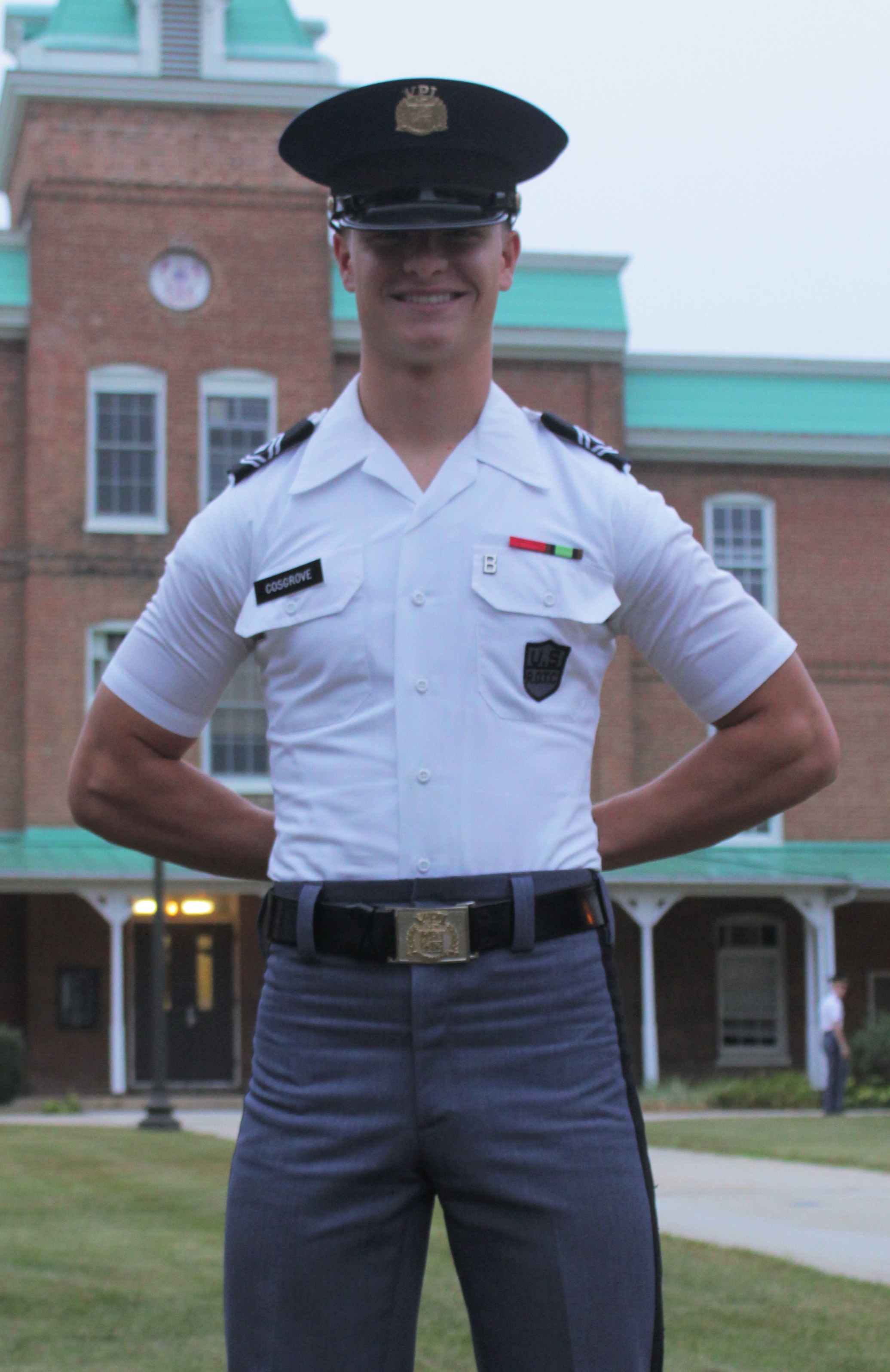 Cadet 1st Sgt. Conor Cosgrove standing in front of Lane Hall.