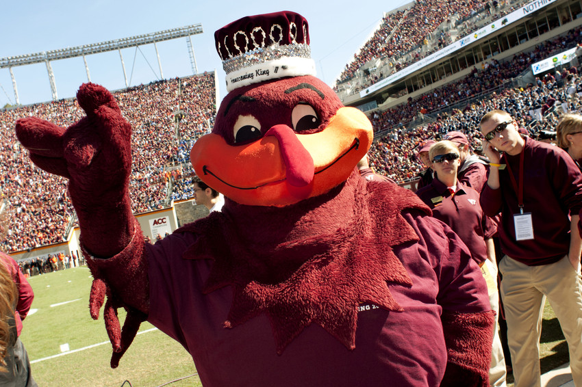 The Virginia Tech mascot wears a crown.