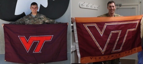 From left to right are Maj. Ted Downs, U.S. Army, Virginia Tech Corps of Cadets Class of 1999 and Capt. Michael Robertson, U.S. Air Force, Virginia Tech Corps of Cadets Class of 2008 holding their VT flags in their deployed locations.