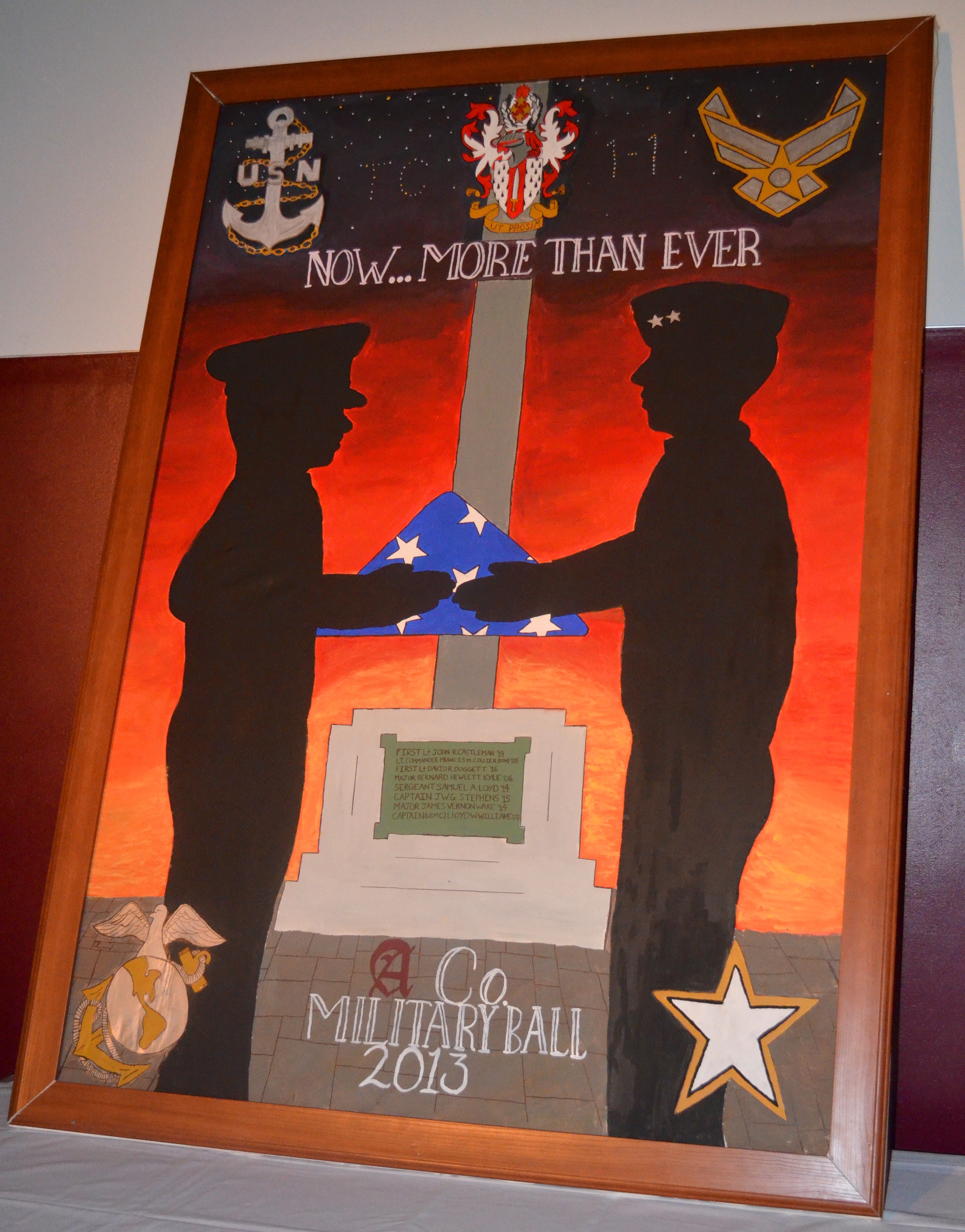 Each year the first year cadets from each company create a banner focusing on the theme of the Military Ball. This is the 2013 banner for Alpha Company.