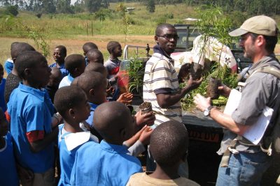Two adults hand tree seedlings to a group of children.