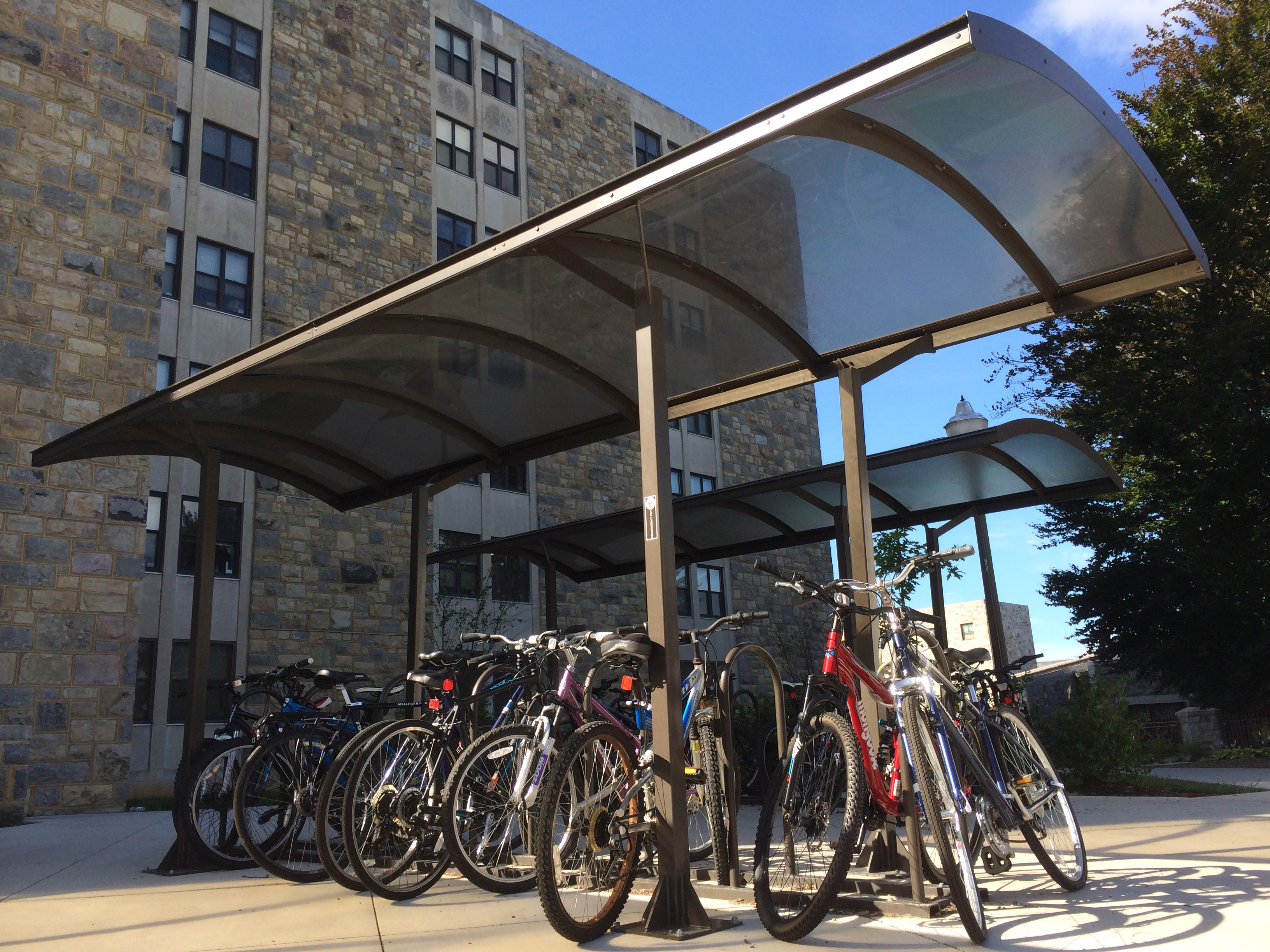 Covered bicycle racks outside one of the residential halls