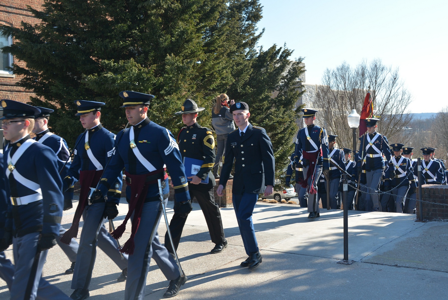 Visiting cadets join members of the Virginia Tech Corps of Cadets as they march to the annual leadership conference formal retreat ceremony on the Upper Quad.