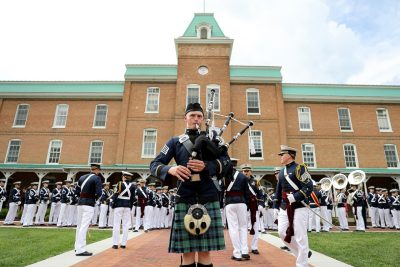 Cadet Camillus Huggins and the Highty-Tighties play in front of Lane Hall.