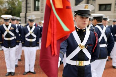 Cadet Nicholas Carroll carries the guidon for the corps’ Echo Company. 