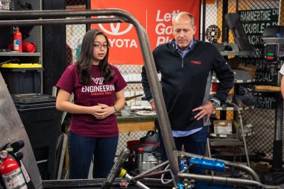 Mechanical engineering senior Genevieve Gural talks about the Baja SAE Team with David Wilson, president of Toyota Racing and mechanical engineering alumnus.