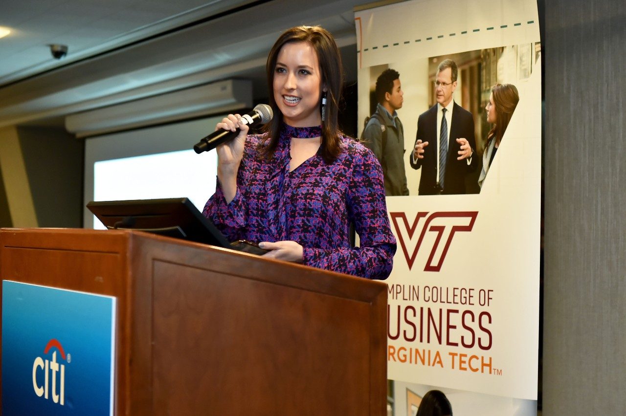Tara Petrucci, representing Pamplin’s Recent Alumni Board, thanks those who donated during Virginia Tech’s Giving Day and encourages the audience to contribute to Virginia Tech’s Annual Fund. 