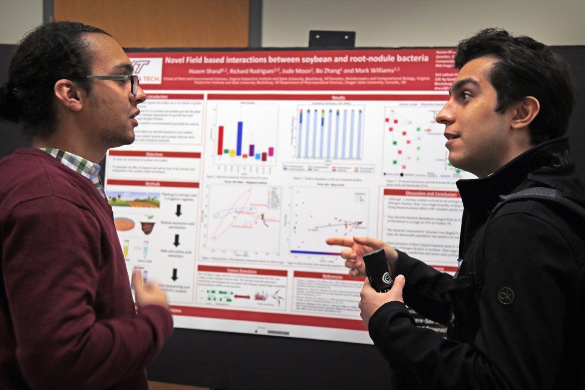 Hazem Sharaf (left), a graduate research assistant in the lab of Mark Williams and a PhD candidate in the Genetic, Bioinformatics, Computational Biology program, discusses his research about soybeans and root-nodule bacteria with another colleague. Photo courtesy of Alex Crookshanks.