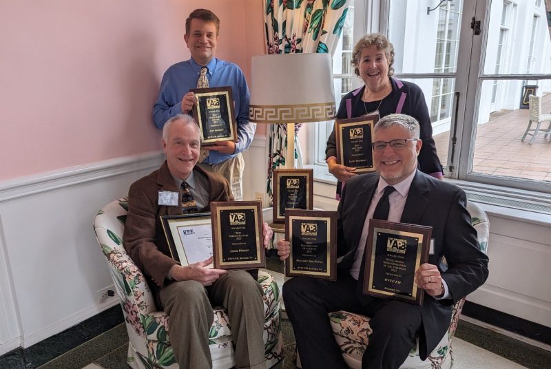 WVTF’s Radio IQ award winners included (seated, from left) Craig Wright and David Seidel and (standing, from left) Jeff Bossert and Sandy Hausman.