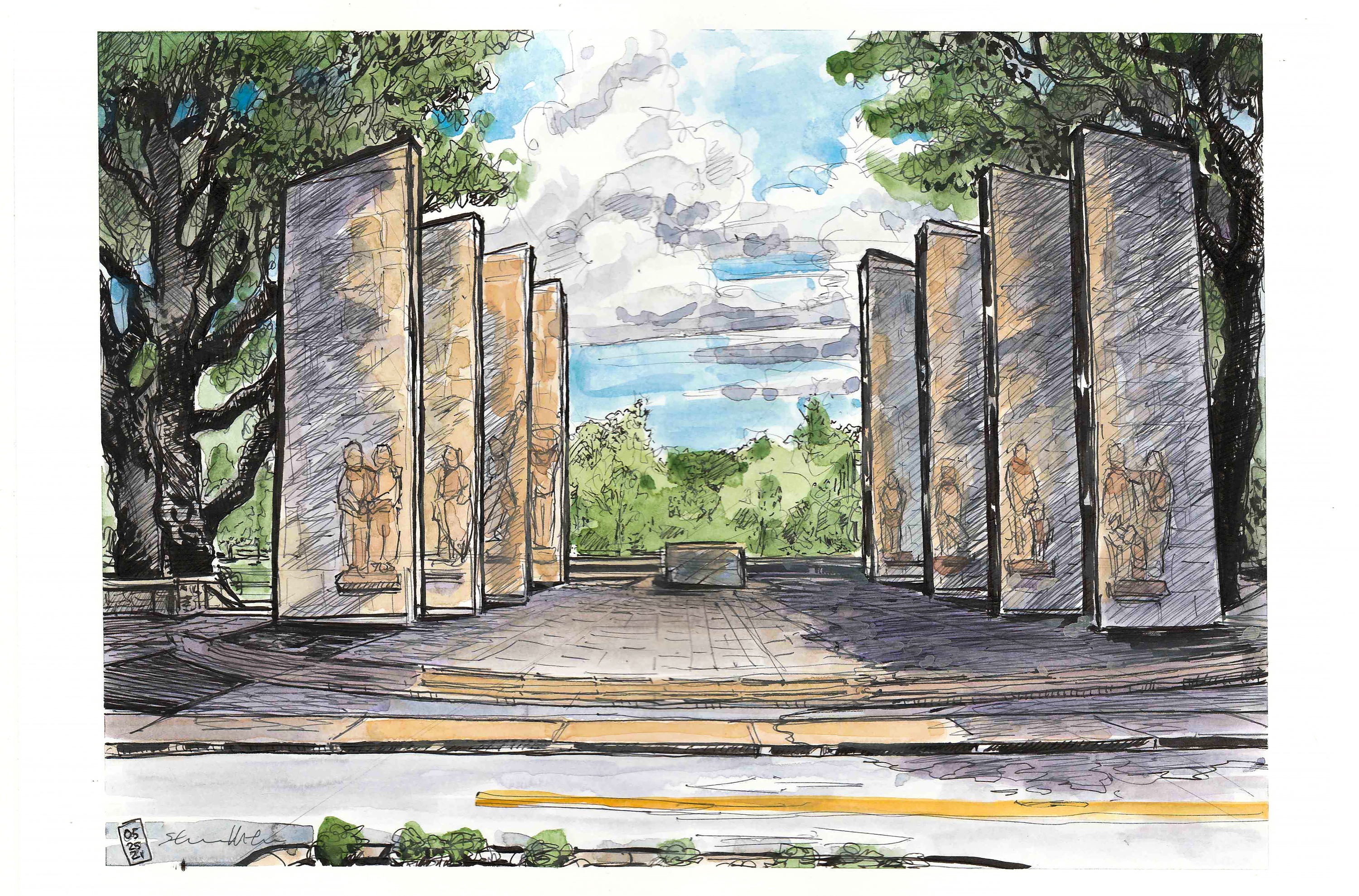 Illustrated ink and watercolor sketch of the Virginia Tech Pylons