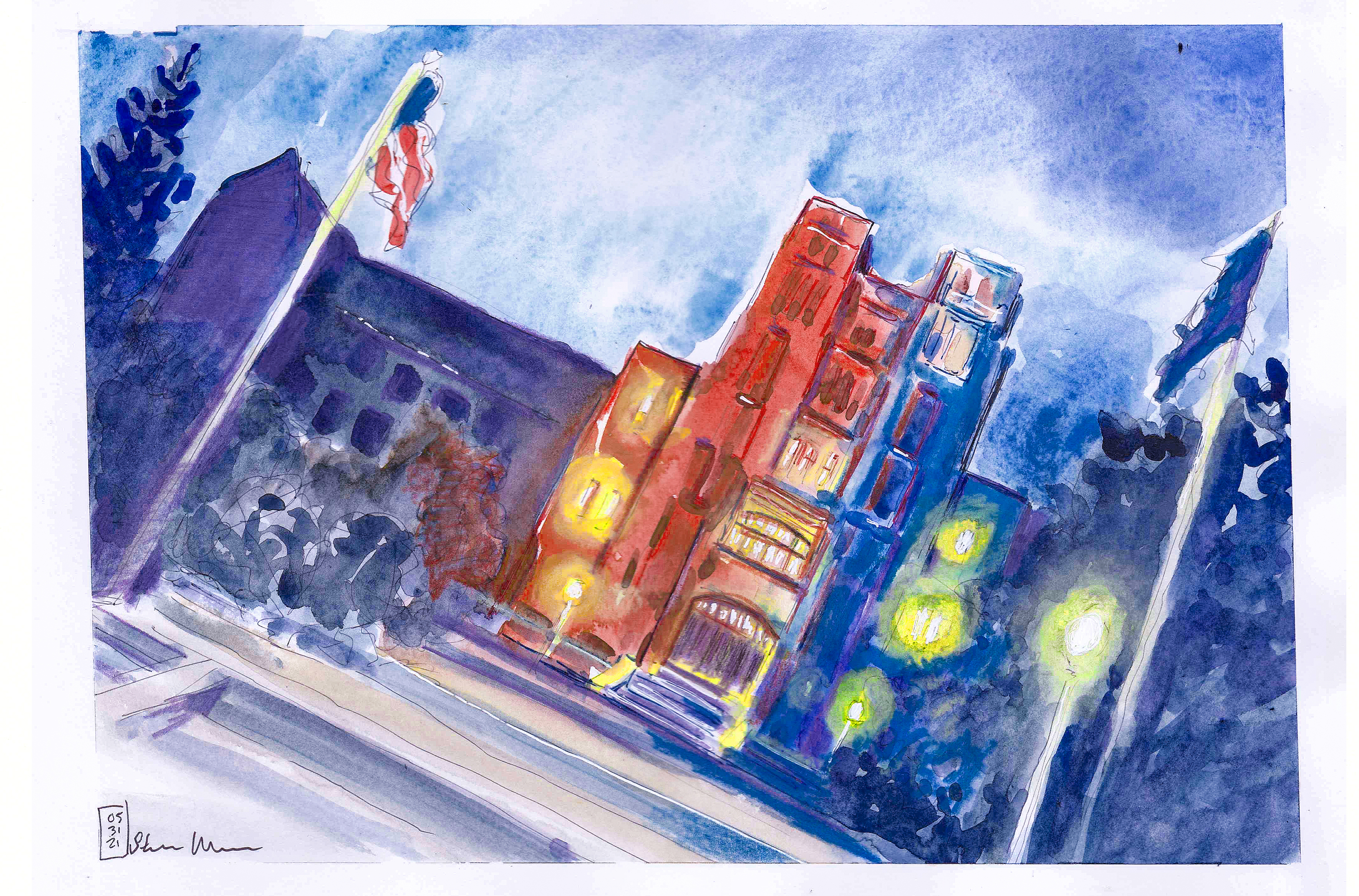 Illustration in ink and watercolor of Burruss Hall with special Memorial Day llghts in red, white and blue
