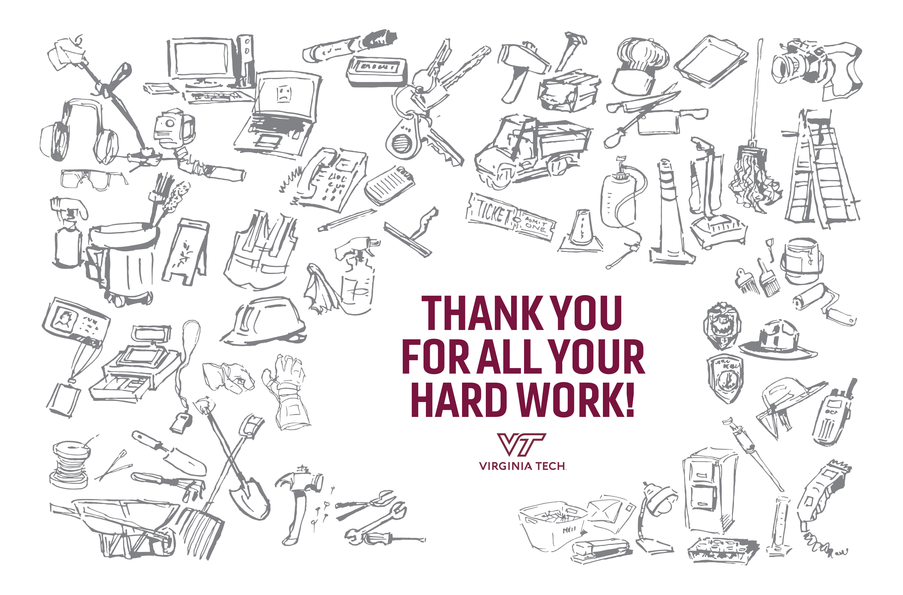 Illustration of objects used by staff to do their jobs
