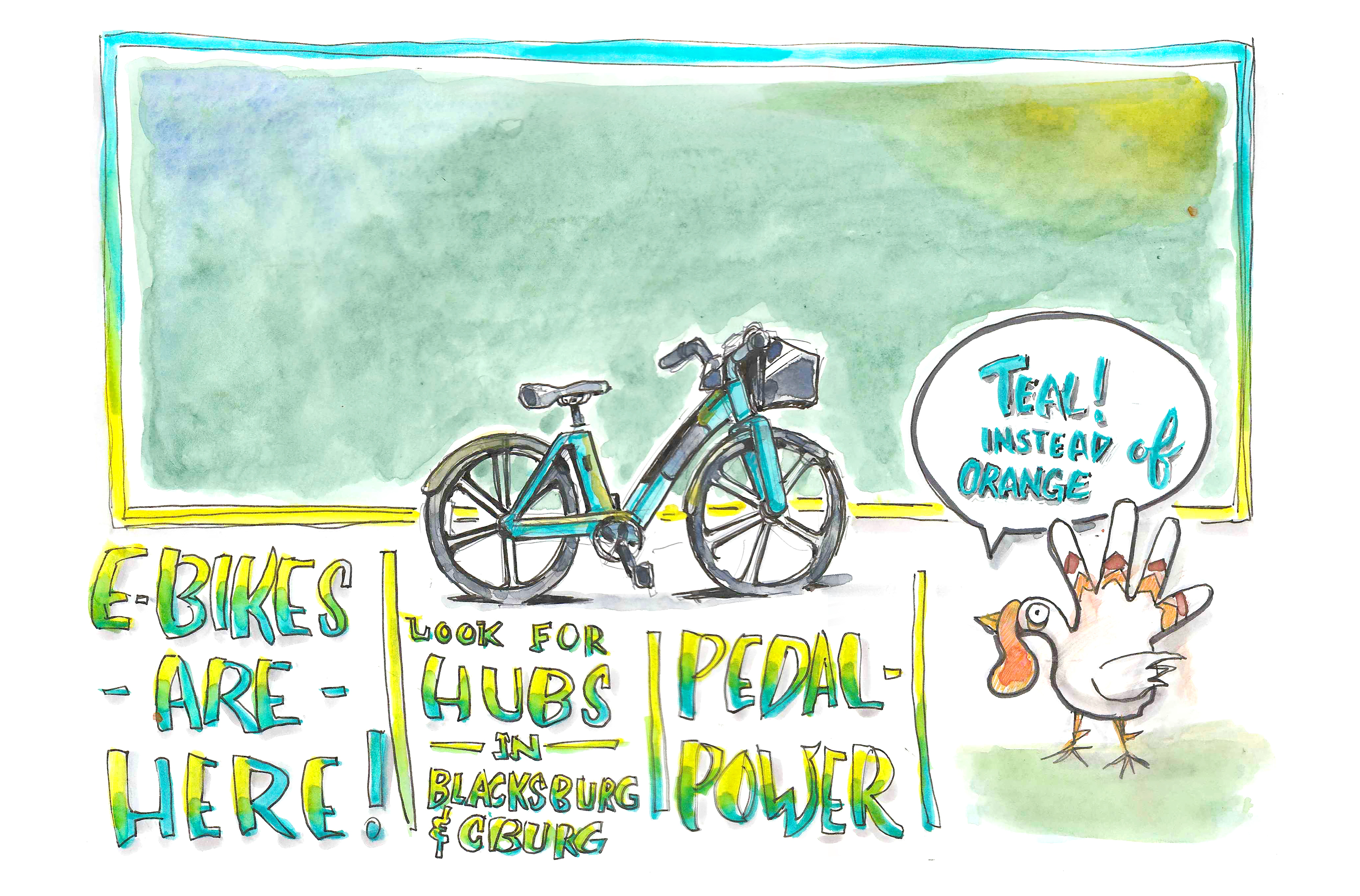 Illustrated ink and watercolor sketch of an e-bike