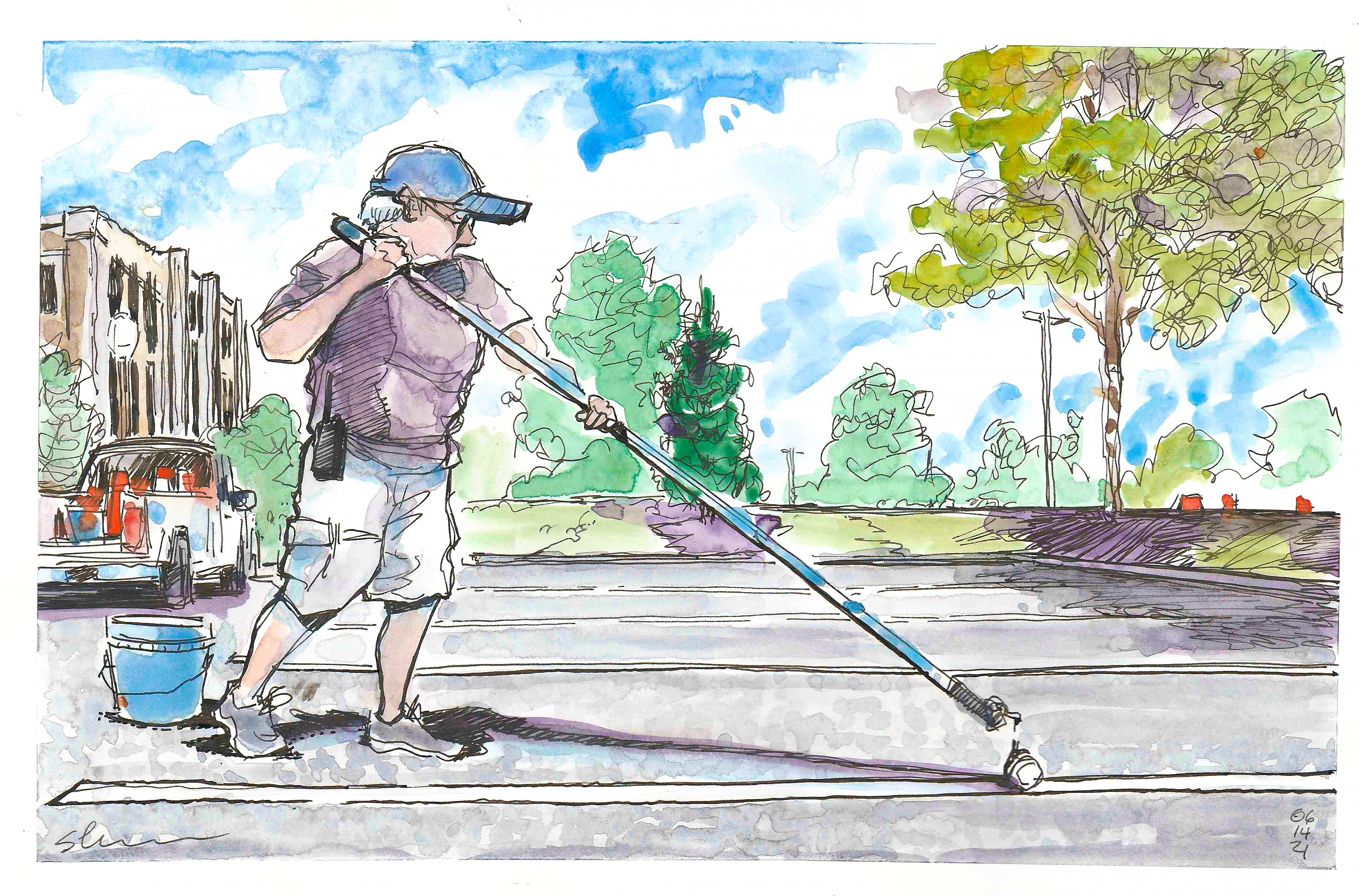 Sketch in ink and watercolor of a parking enforcement employee touching up parking lines outside Human and Agricultural Biosciences Bldg 1