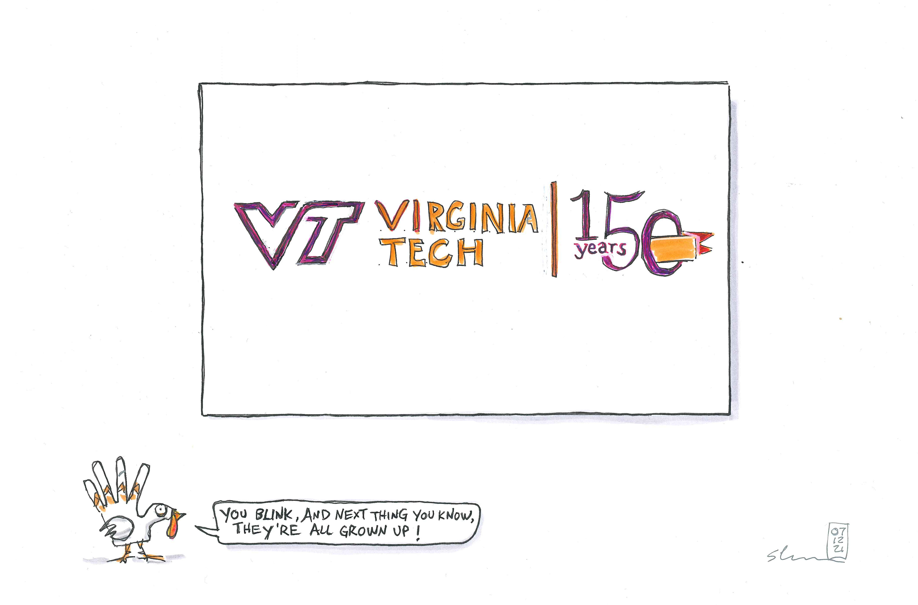 Sketch in ink and watercolor of 150 years sesquicentennial logo