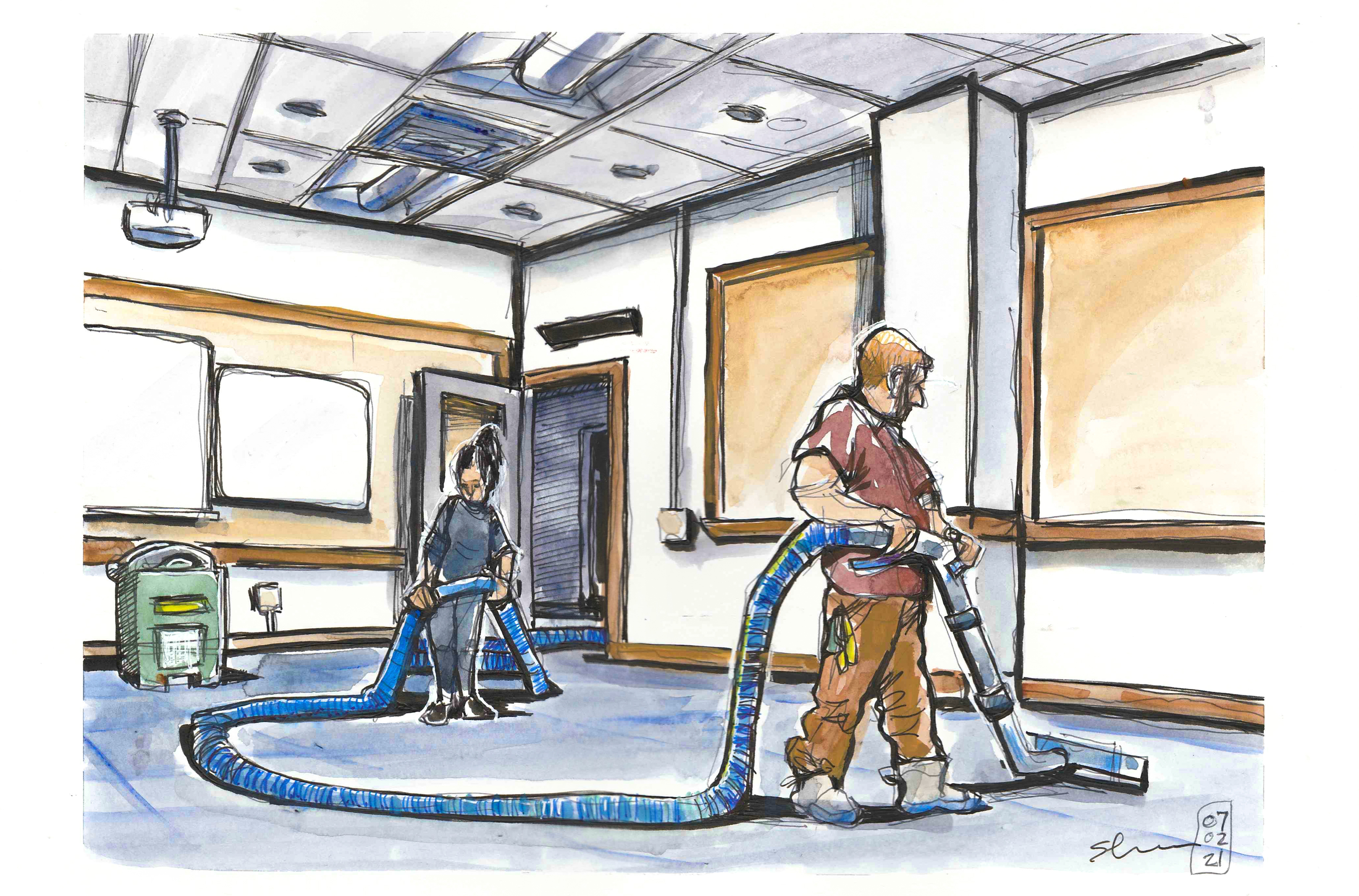 Sketch in ink and watercolor of crew vacuuming room in GLC