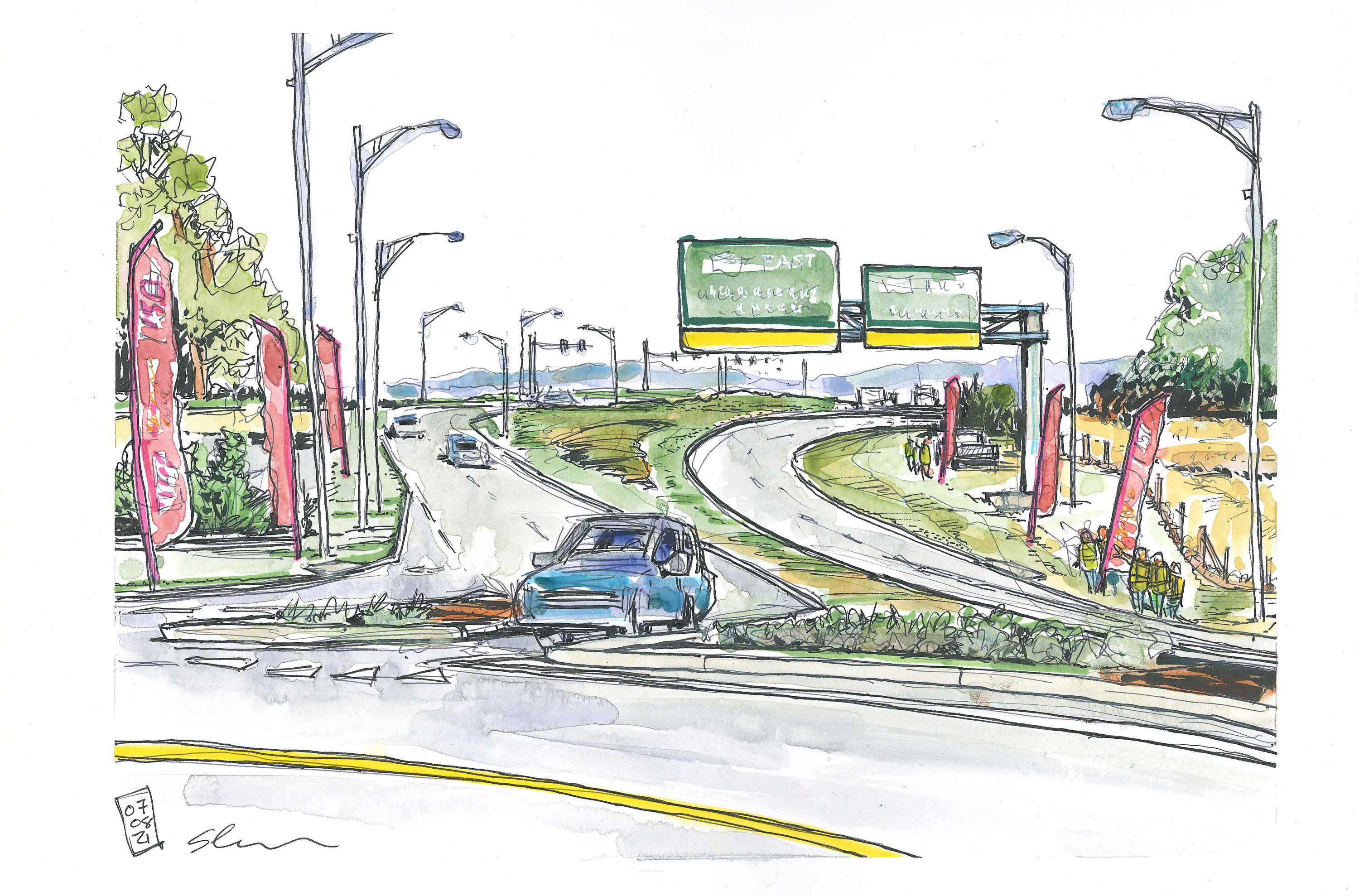 Ink and watercolor sketch of Southgate Drive lined with feather flags