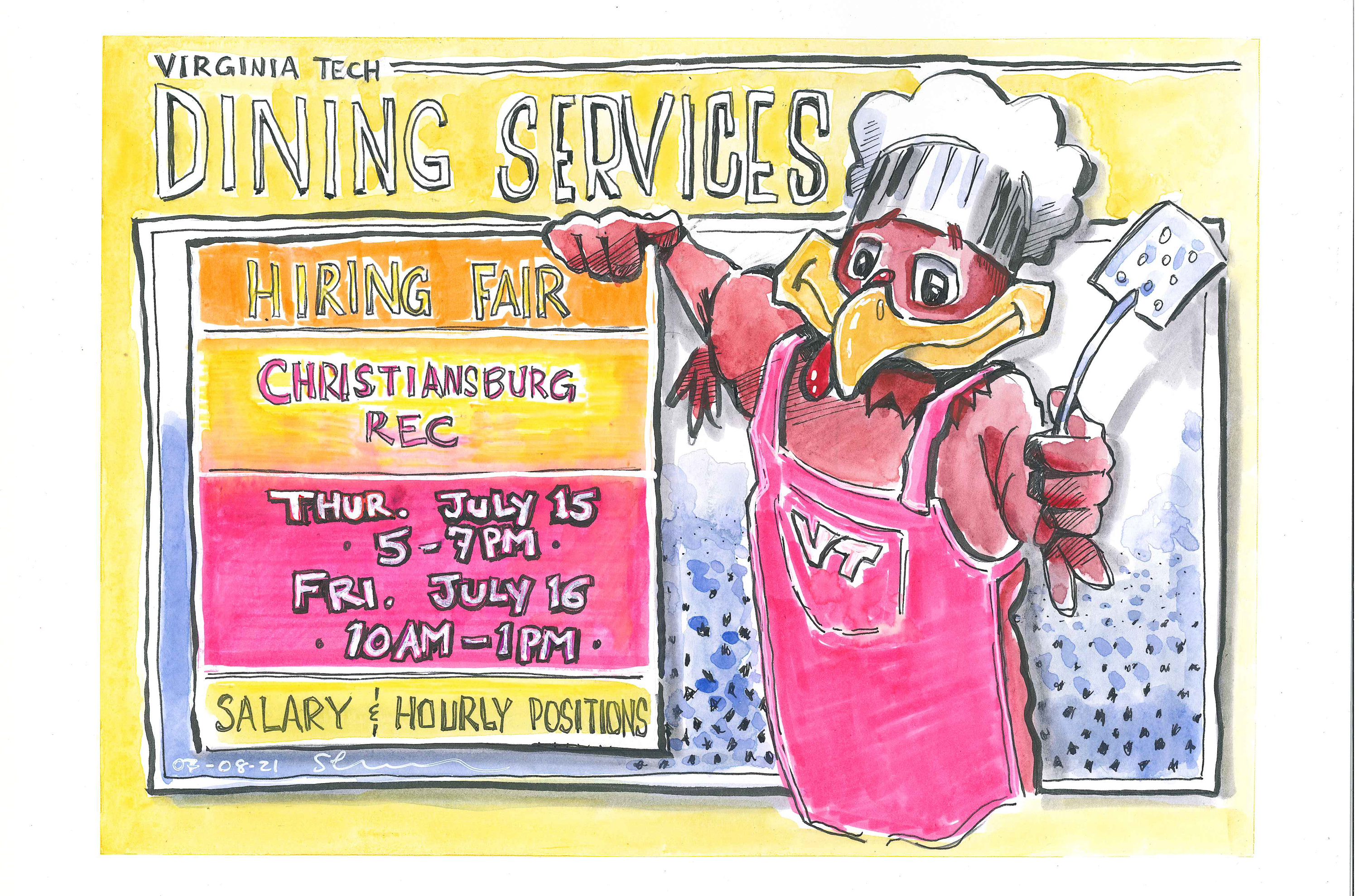 Ink and watercolor sketch of Dining Services Hiring Fair Info