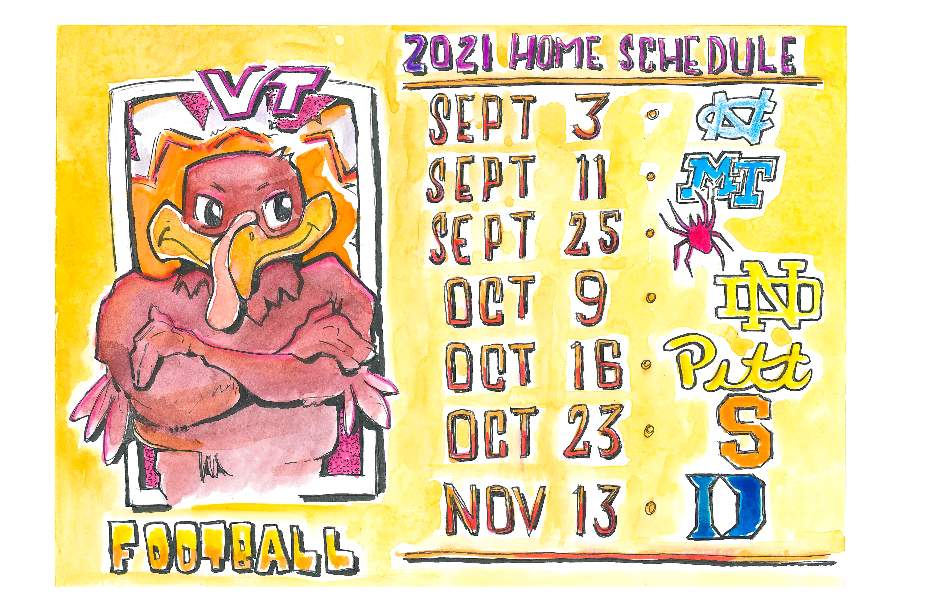 Ink and watercolor football schedule