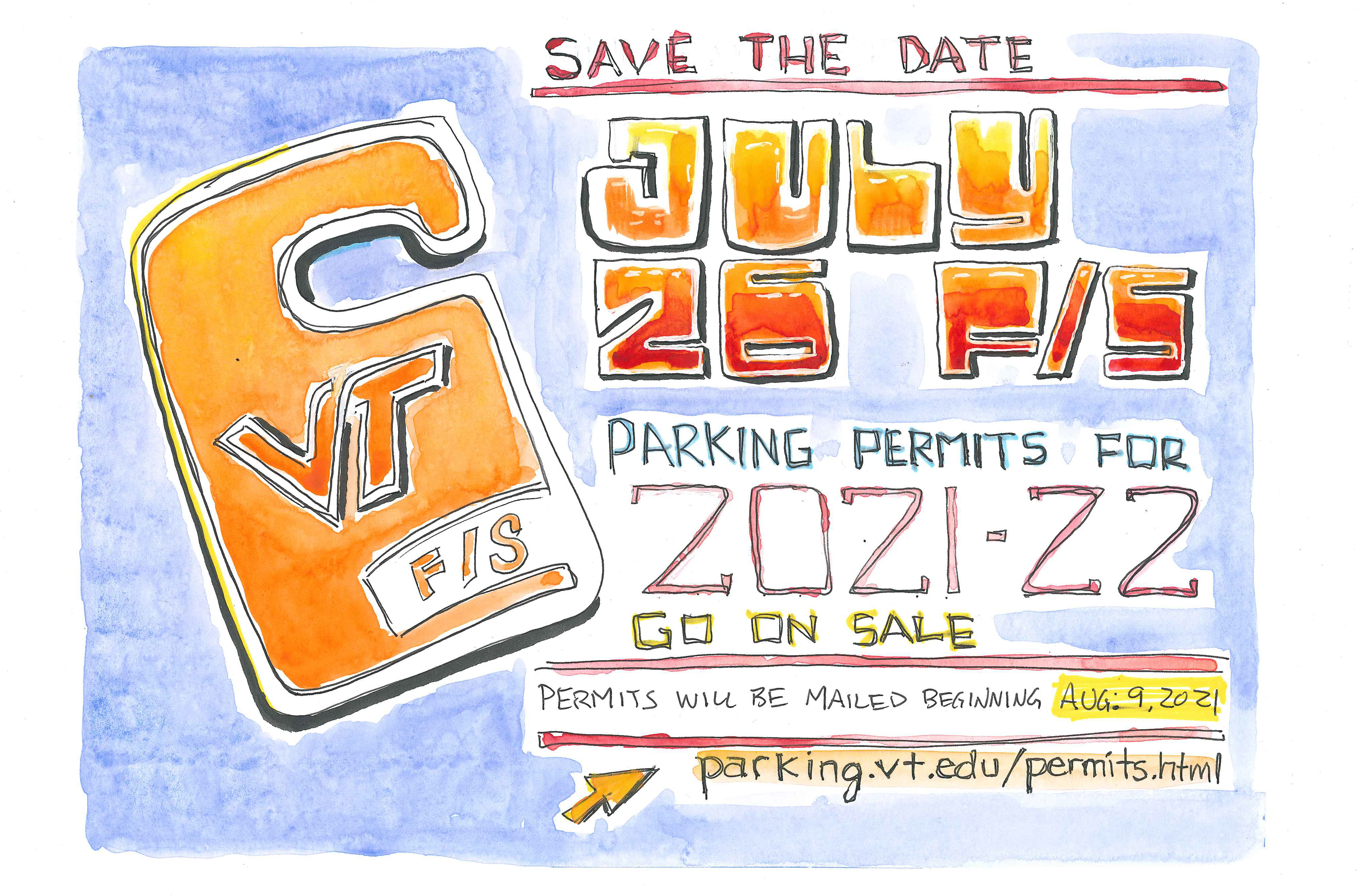 Ink and watercolor sketch of a reminder to save the date for parking permit purchases
