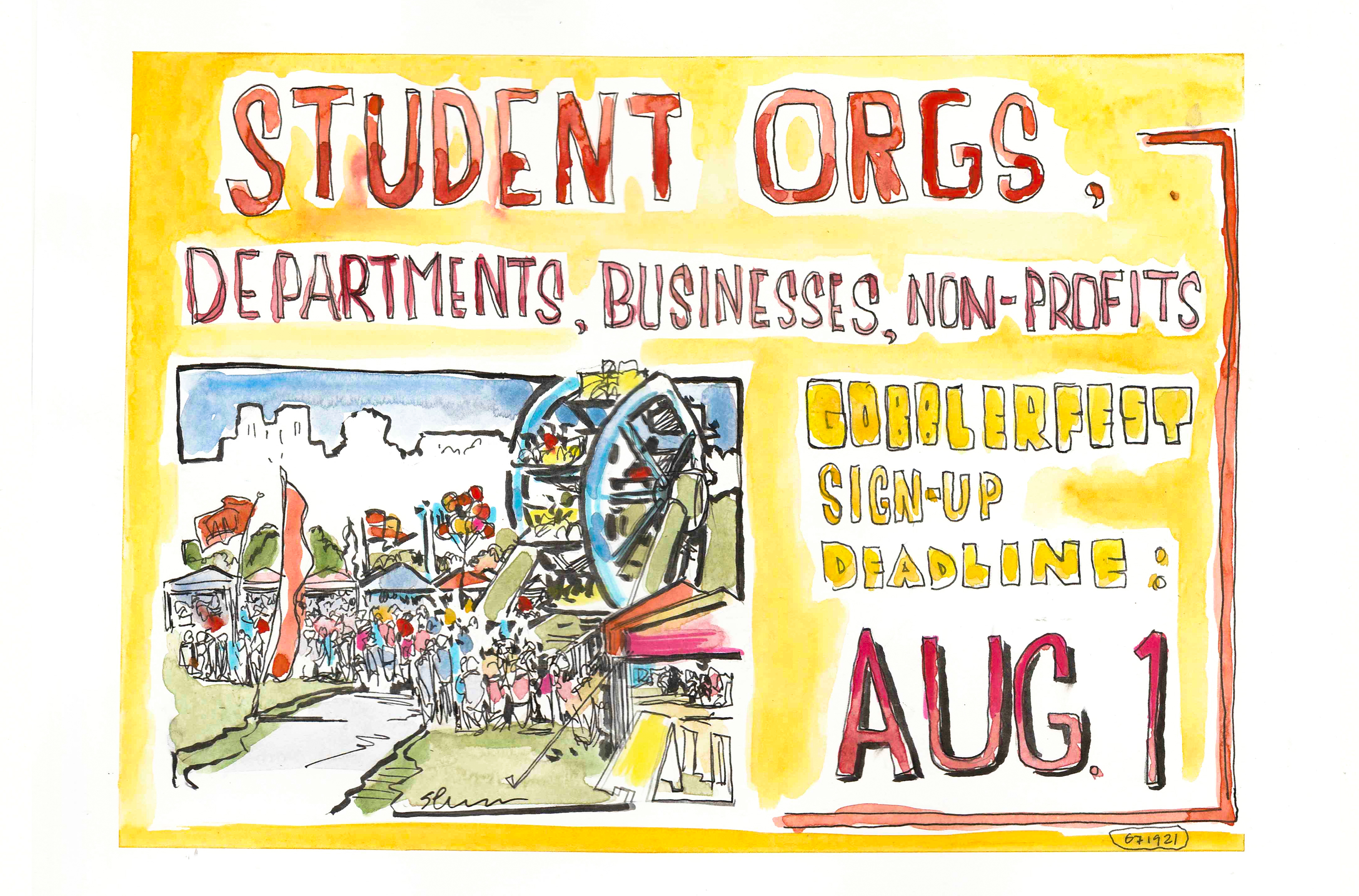 Illustration in ink and watercolor announcing the Aug 1 deadline for Gobblerfest Sign-Up