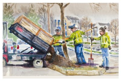 Watercolor sketch of grounds employees mulching under a tree behind Wallace Hall