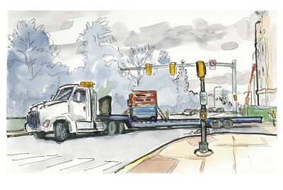 ink and watercolor sketch of a semi truck backing into a west campus drive construction site, delivering a scissor lift