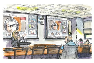 Ink and watercolor sketch of a conference room with zoom on the projector; staff sentate meeting for march in MEC 2420