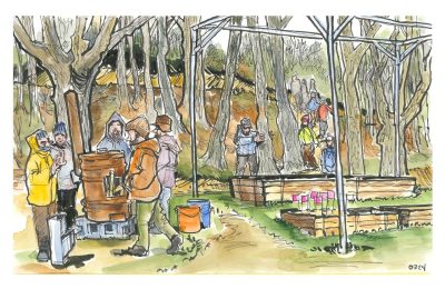 Ink and watercolor sketch of a rocket stove used to prep syrup-making; this was a demo and part of Forest Farming Field Day at Catawba Sustainability Center