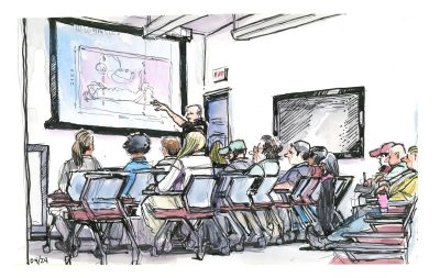 Ink and watercolor sketch of a vertical video workshop in the CID; people are seated in rows in front of the viewer watching recommended methods of using and shooting vertical video