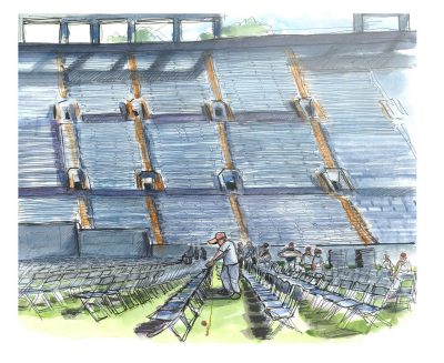 Ink and watercolor sketch of employees setting up chairs for University Commencement inside Lane Stadium