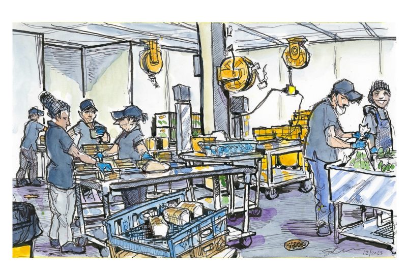 Ink and watercolor sketch of employees doing food pre-prep in the Dining Services Southgate Center