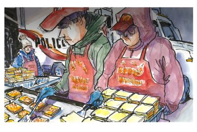 ink and watercolor sketch of volunteers making grilled cheese sandwishes for students studying for finals