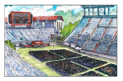 Ink and watercolor sketch of the Virginia Tech Main University Commencement in Lane Stadium on May 10